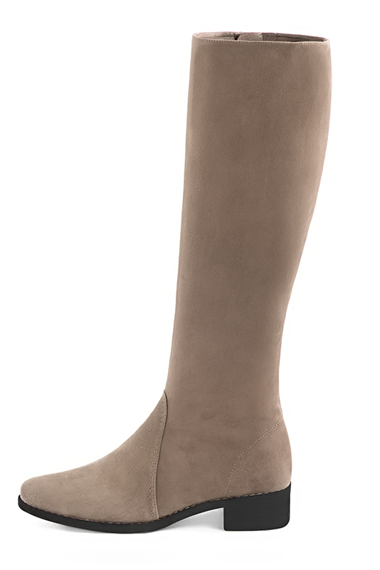 Tan beige women's riding knee-high boots. Round toe. Low leather soles. Made to measure. Profile view - Florence KOOIJMAN